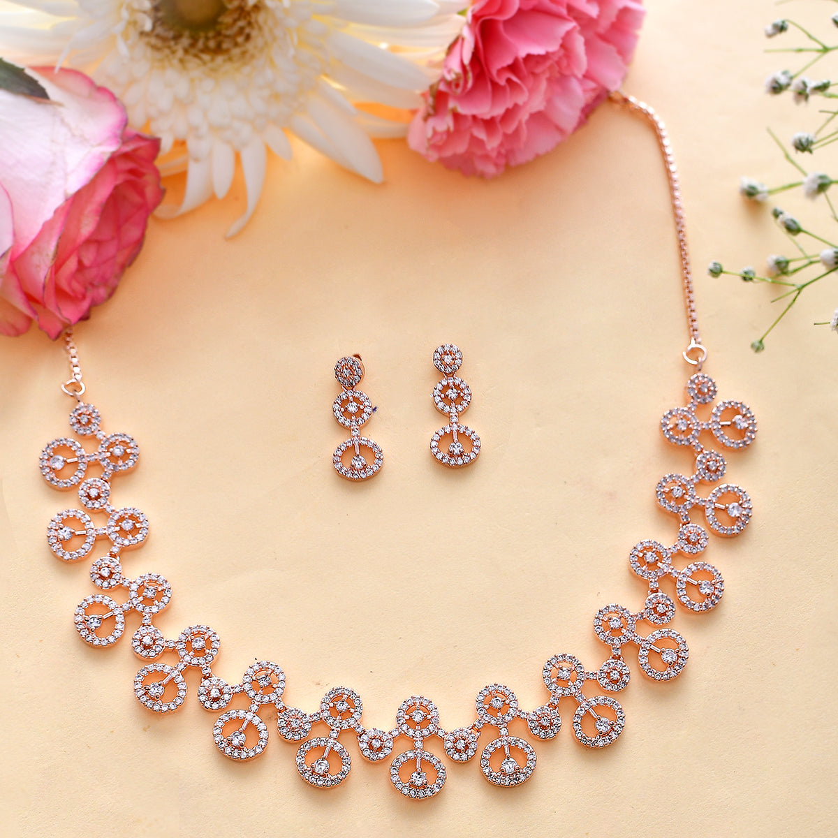 Sparkling Elegance CZ rose Gold Plated Dainty Jewellery Set – VOYLLA